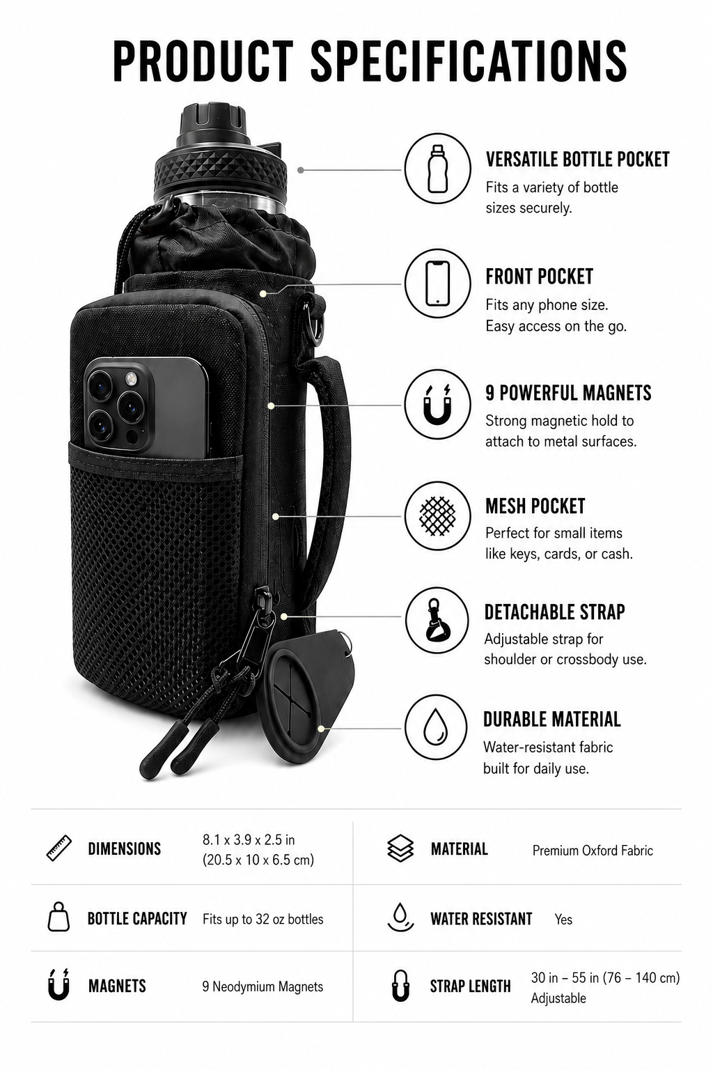Project Lift™ Magnetic Gym Bottle Bag | Water Bottle Holder