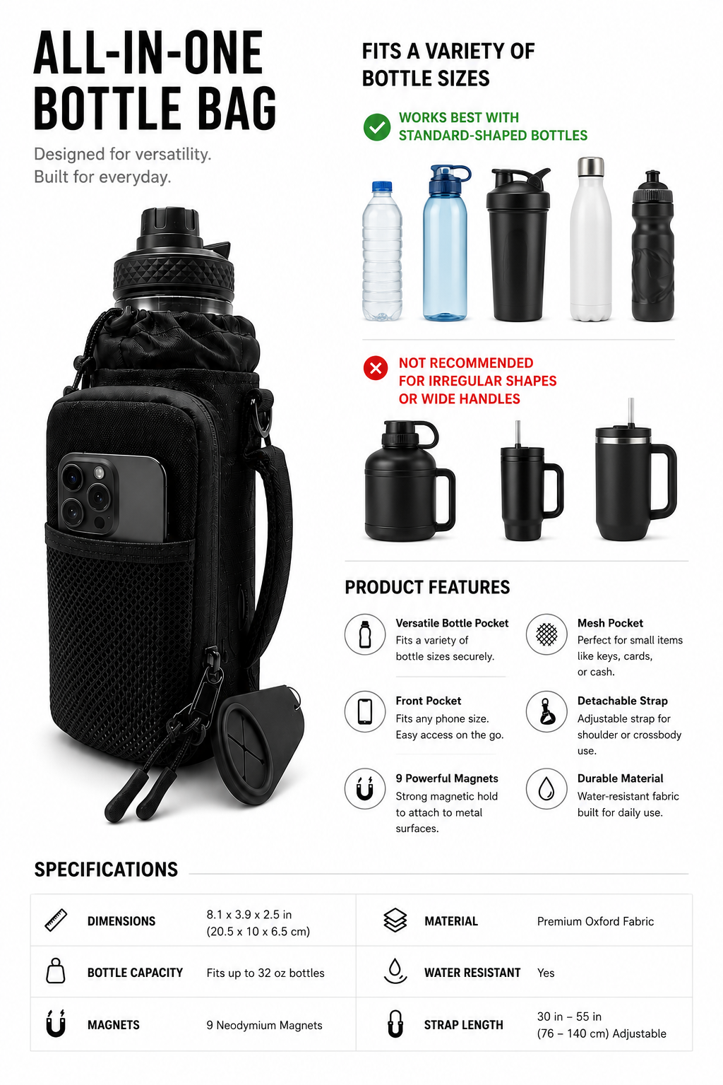 Project Lift™ Magnetic Gym Bottle Bag | Water Bottle Holder